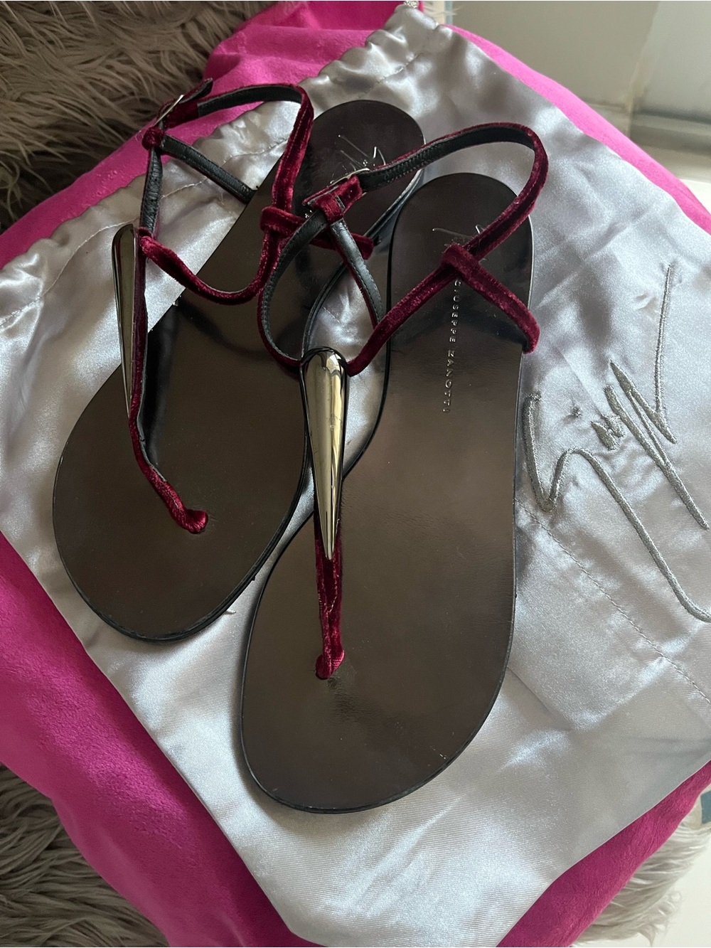 Giuseppe Zanotti Burgundy Velvet T-Strap Sandals with Metallic Spike